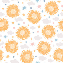 Suns, stars and clouds in pastel colors. Seamless background. Vector illustration