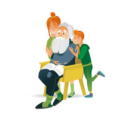 Vector illustration of happy family concept - little smiling boy and girl hugging their grandfather with love and tenderness in cartoon style isolated on white background.