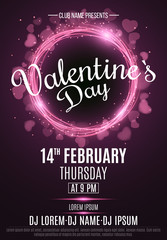 Happy Valentine's Day party flyer. Neon glowing pink banner with flying blurred hearts. Twisted stripes. DJ and club name. Magical falling dust. Vector illustration