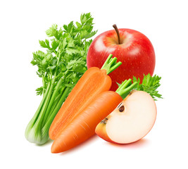 Fresh celery, carrot and red apple isolated on white background