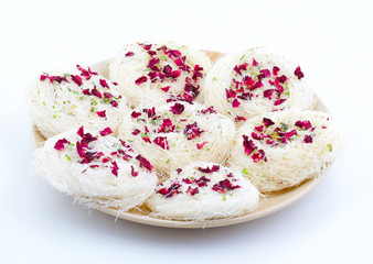 Indian Traditional Sweet Food Desi Ghee Ki Pheni Also Know as Sutarfeni, Firni, Seviyan, Laccha, Feni or Fini maid from maida, Sugar and Flavor