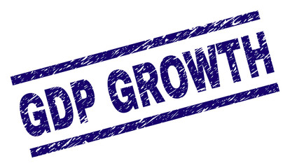 GDP GROWTH seal stamp with grunge style. Blue vector rubber print of GDP GROWTH text with grunge texture. Text caption is placed between parallel lines.