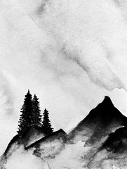 Góry we mgle ręcznie rysowane tuszem w minimalistycznym stylu. - 239685675