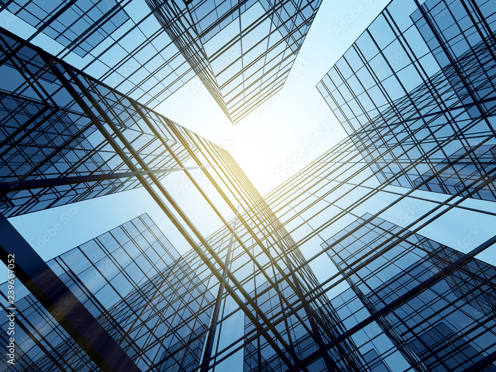 Aufkleber view of high rise glass building and dark steel window system on blue clear sky background,business 