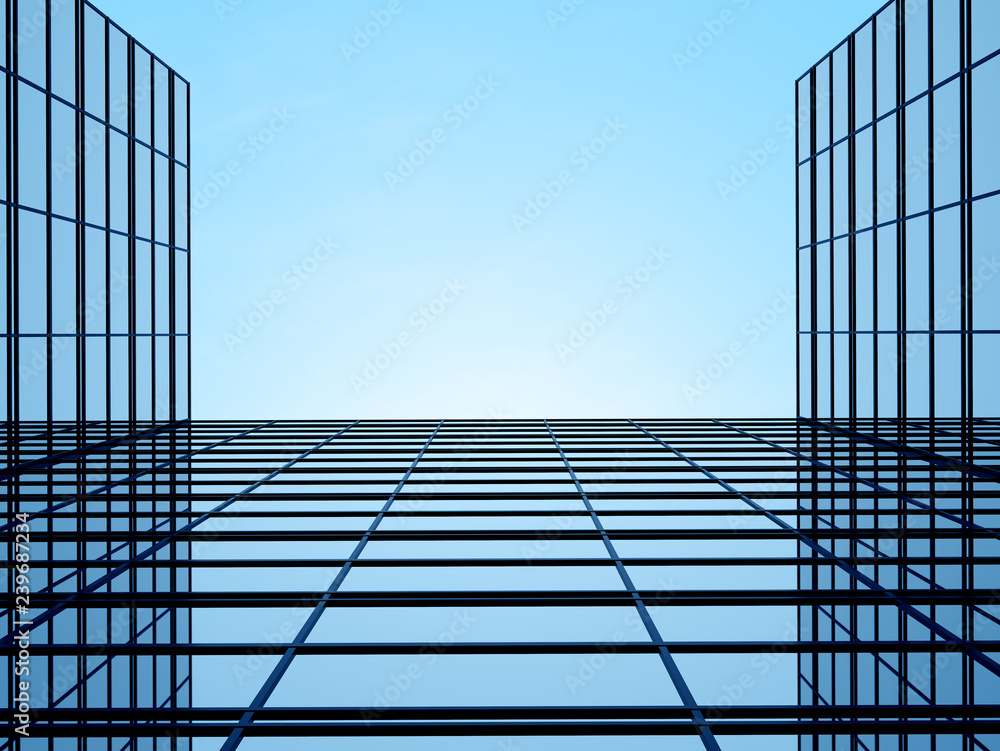 Poster view of high rise glass building and dark steel window system on blue clear sky background,business 