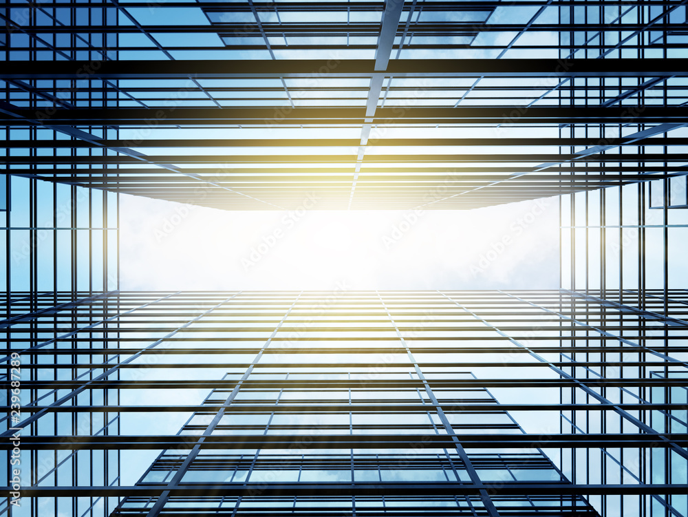 Aufkleber view of high rise glass building and dark steel window system on blue clear sky background,business 