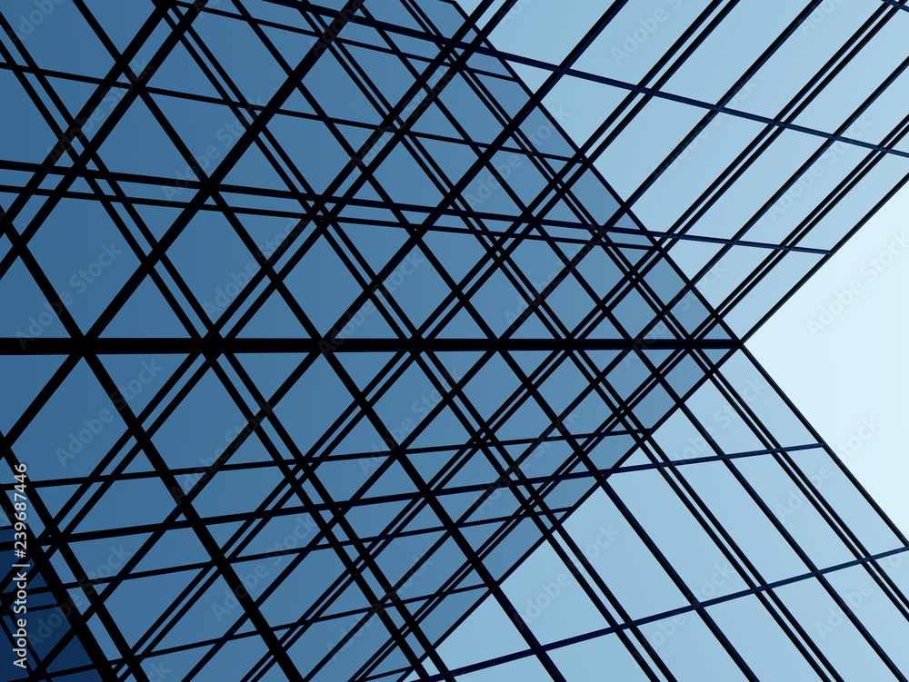 Poster view of high rise glass building and dark steel window system on blue clear sky background,business 