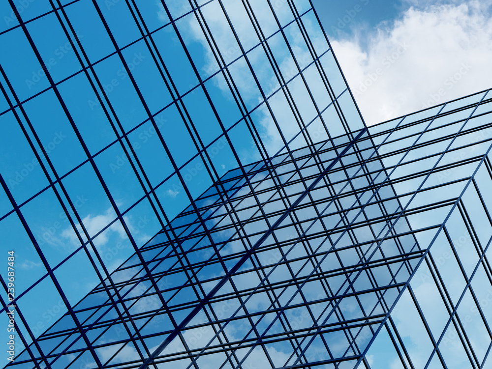 Poster view of high rise glass building and dark steel window system on blue clear sky background,business 