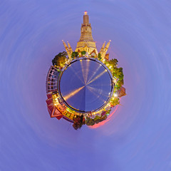 Circle panorama of Wat Arun Ratchawararam Ratchawaramahawihan with lighting public landmark in Bangkok