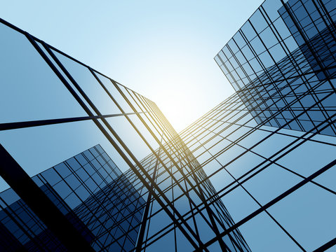 View of high rise glass building and dark steel window system on blue clear sky background,Business concept of future architecture,looking up to the sun light on the top of building. 3d render