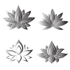 Fototapeta premium Vector illustration. Set of lotus flowers. Metallic isolated on white background. Ethnic oriental ornament