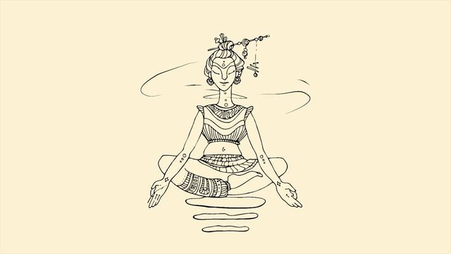 Abstract, flying up and down Buddha in lotus position on beige background. Line illustration of soaring Buddha, Buddhism religion, wellness, yoga concept.