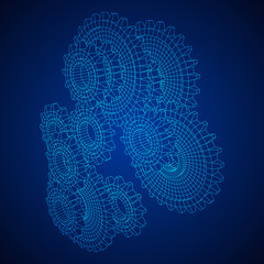 Gears. Mechanical technology machine engineering symbol. Industry development, engine work, business solution concept. Wireframe low poly mesh vector illustration