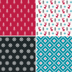 Vector set of seamless winter holiday backgrounds in red, black and teal blue. Forest theme with reindeer, trees and snowflakes for Christmas cards, gift wrapping paper, textiles, wallpapers. - 239689696