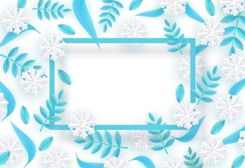 Fototapeta na wymiar Vector winter background template with abstract fresh green leaves and snowflakes with rectangle frame. New year, christmas holidays wallpaper, layout with seasonal florals and icy snow.