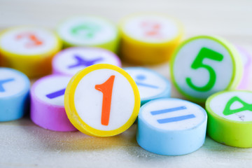 Math Number colorful on wooden background : Education study mathematics learning teach concept.