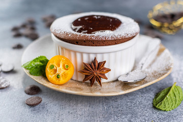 Chocolate fondant (Petit gateau) on a plate
