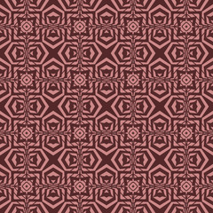 Seamless square pattern from pink geometrical abstract ornaments on a brown background. Vector illustration. Suitable for fabric, wallpaper and wrapping paper