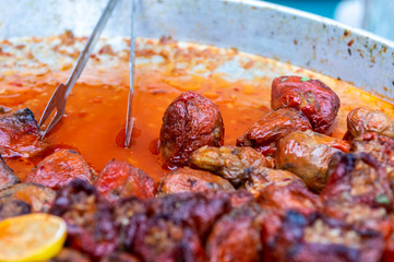 Close up of stuffed red pepper meal served in tray