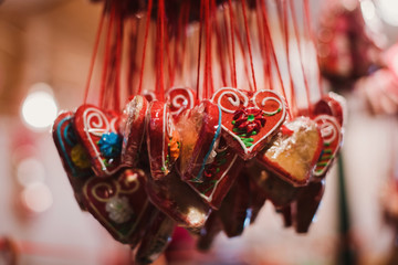 Novi Sad, Vojvodina, Serbia - December 17th, 2017. Traditional gingerbread hearts at serbian Novi...