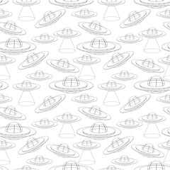 Seamless pattern with UFO spaceship. Unidentified flying object with light beam. Black and white vector illustration