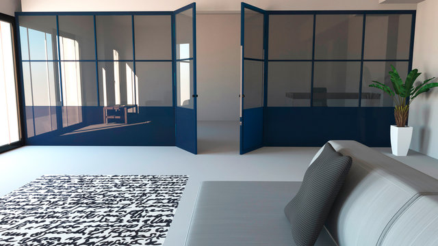 Parete vetrata in ferro e vetro di color blu, soggiorno, living space e cucina. Design di interni moderno. 3d rendering. Open space