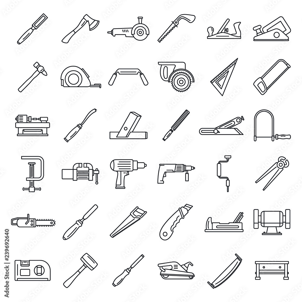 Poster carpenter working icon set. outline set of carpenter working vector icons for web design isolated on