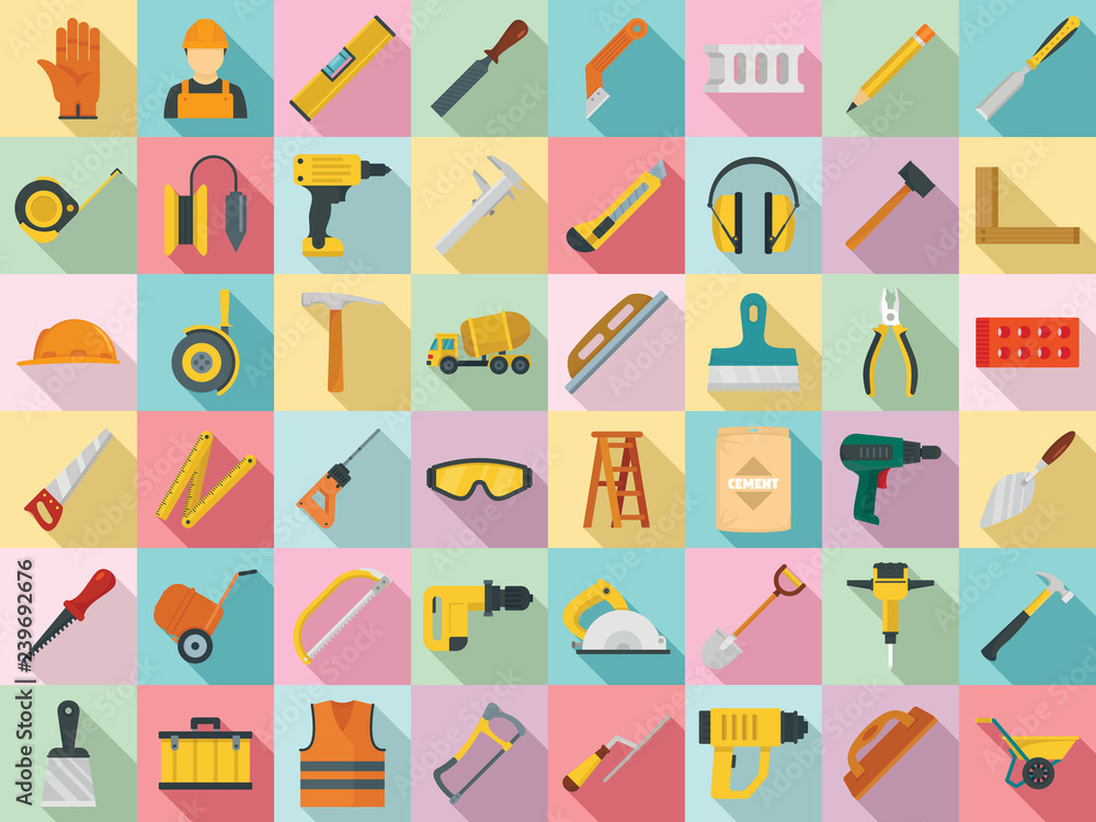 Poster masonry worker icon set. flat set of masonry worker vector icons for web design