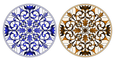 Set of illustrations in stained glass style with round floral arrangements, blue and brown tone