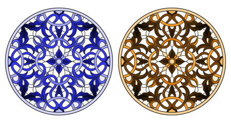 Set of illustrations in stained glass style with round floral arrangements, blue and brown tone