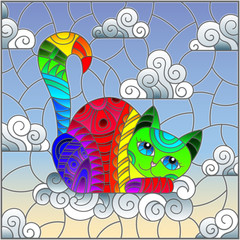 Naklejka premium Stained glass illustration with cartoon rainbow cat on the background of the sky and clouds