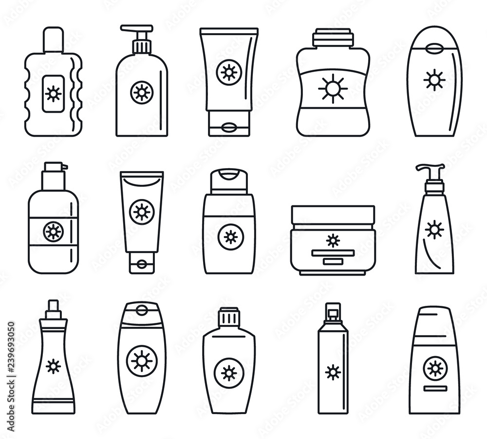 Aufkleber sunscreen bottle icon set. outline set of sunscreen bottle vector icons for web design isolated on w