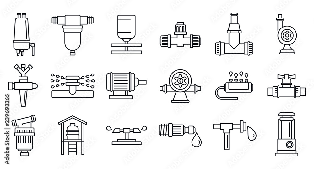 Poster agricultural irrigation system icon set. outline set of agricultural irrigation system vector icons 