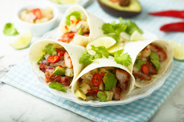 Homemade chicken taco with avocado