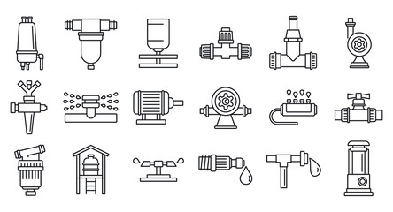 Agricultural irrigation system icon set. Outline set of agricultural irrigation system vector icons for web design isolated on white background