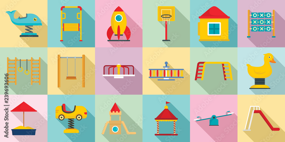 Poster kid playground icon set. flat set of kid playground vector icons for web design