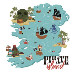 Treasure map. Pirate Birthday Invitation card in cartoon style. Editable vector illustration