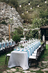 Wedding table setting and decoration. Flowers.