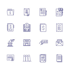 Financial documents line icon set. Account book, check, bank