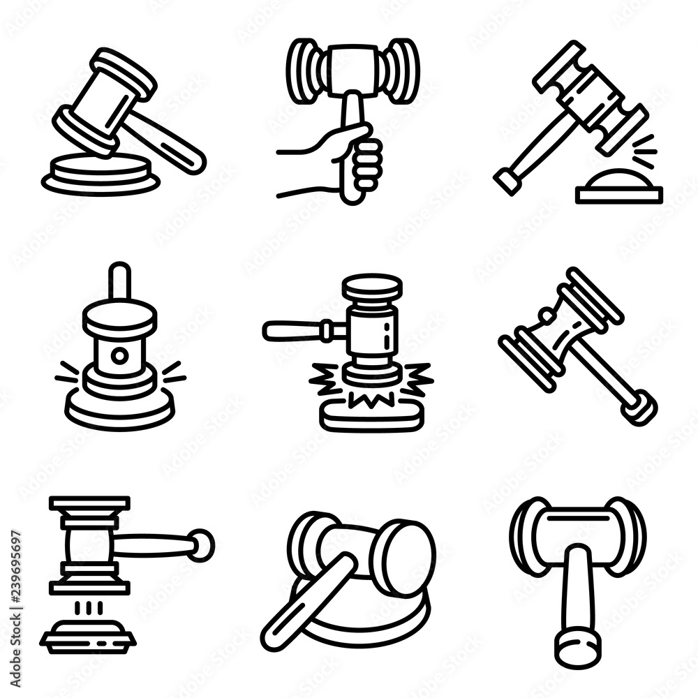 Poster judge hammer icon set. outline set of judge hammer vector icons for web design isolated on white bac