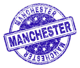 MANCHESTER stamp seal watermark with grunge texture. Designed with rounded rectangles and circles. Blue vector rubber print of MANCHESTER caption with corroded texture.