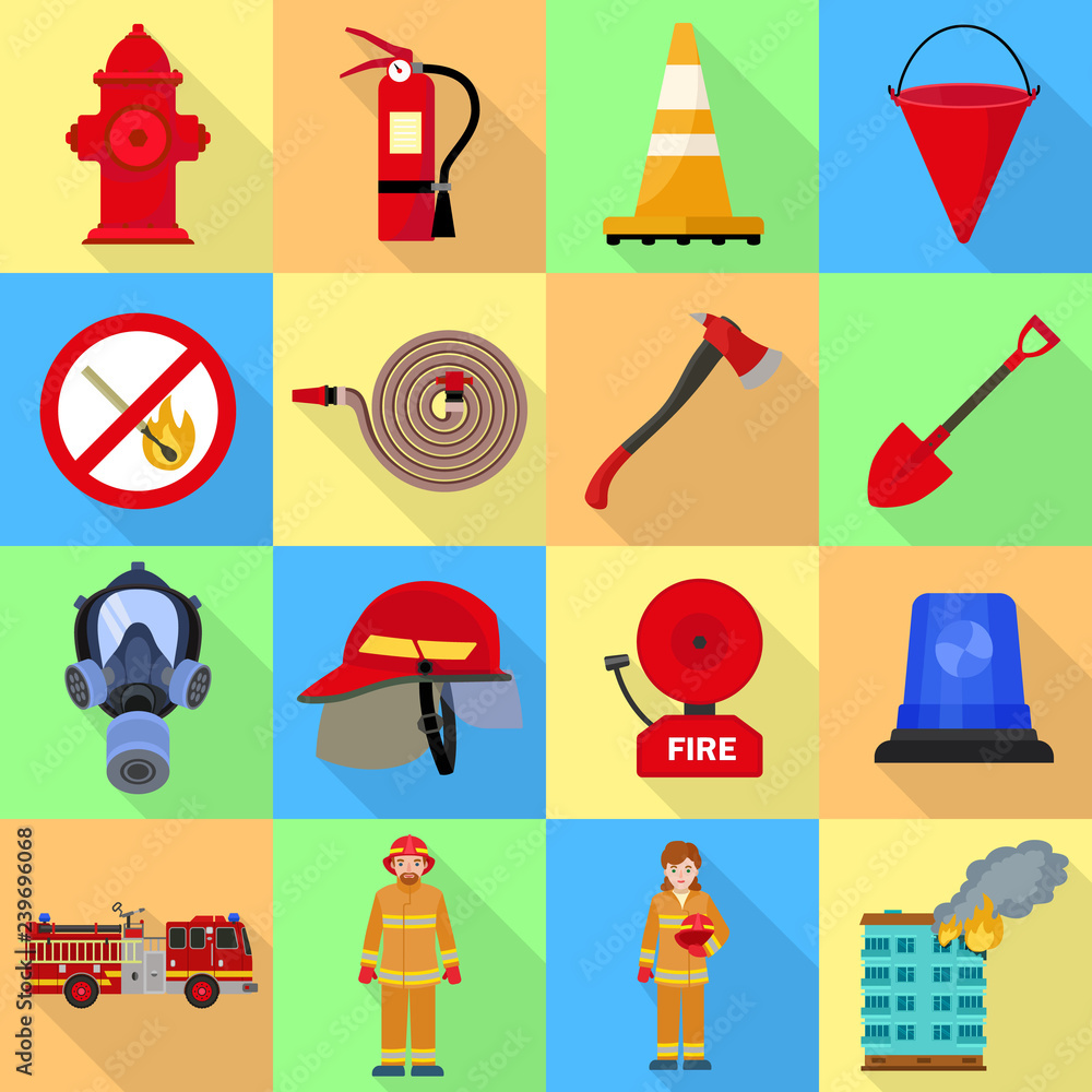 Poster fire fighter icon set. flat set of fire fighter vector icons for web design