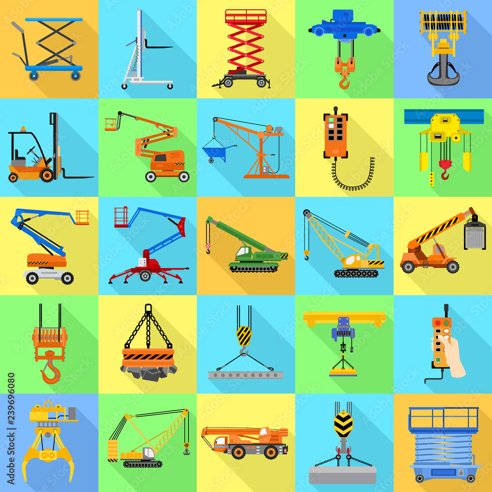 Poster lifting machine icon set. flat set of lifting machine vector icons for web design