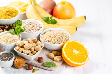 Selection of good carbohydrates sources - vegetables, fruits, grains, legumes, nuts and seeds. Healthy vegan diet