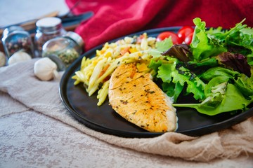 tasty pasta with salmon on a the table