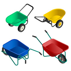 Wheelbarrow icon set. Isometric set of wheelbarrow vector icons for web design isolated on white background