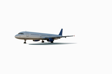 Commercial air plane on a white background with path.