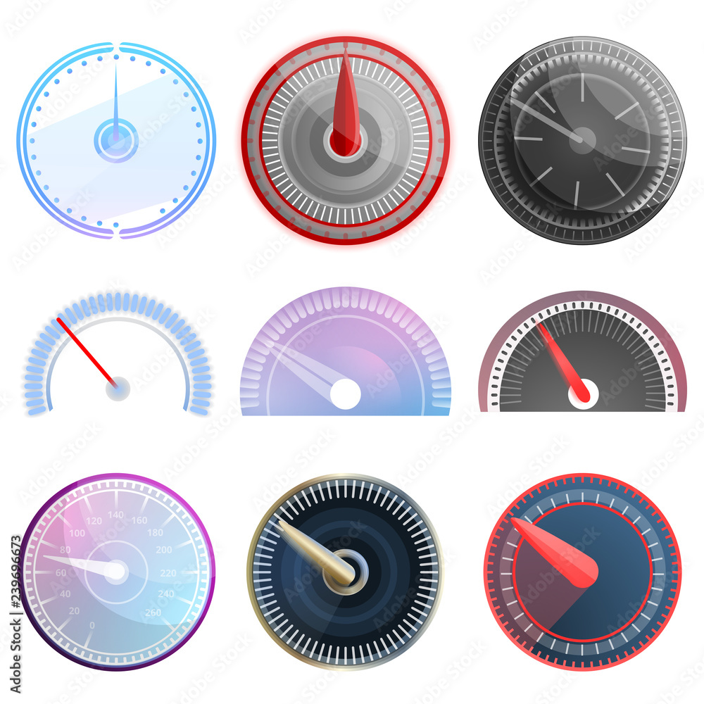 Poster speedometer icon set. cartoon set of speedometer vector icons for web design