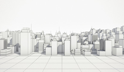 White cityscape with wireframe line background. Many buildings. 3D Rendering Illustration.