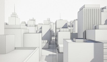 White cityscape with wireframe line background. Many buildings. 3D Rendering Illustration.